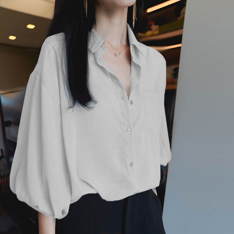 2022 New Women's Summer Five-point Sleeve Shirt Chiffon Profile Texture Lantern Sleeve Top Loose Thin Section