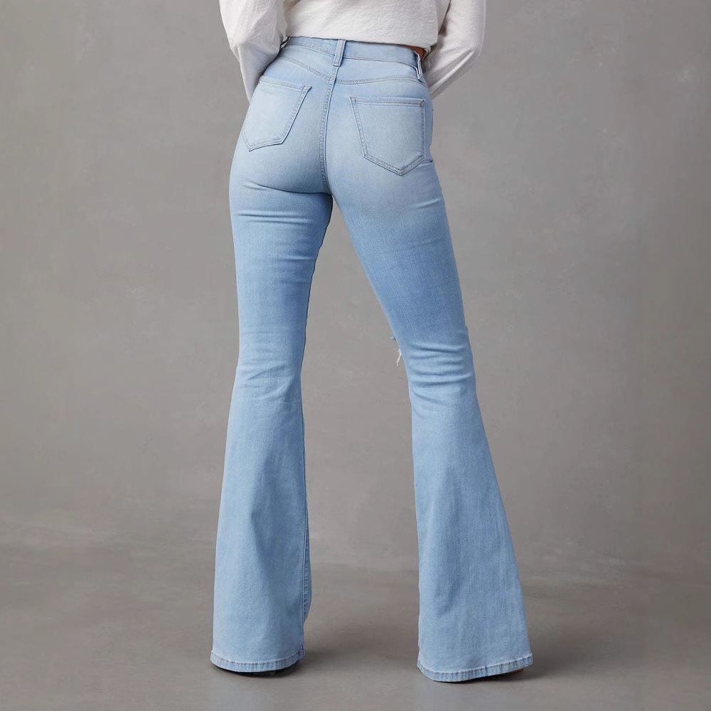 Venta directa de fábrica, nuevos jeans rotos de talle alto estilo europeo y americano para mujer, pantalones acampanados de estilo urbano, pantalones largos 2025