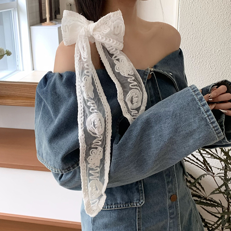 Pañuelo de seda Tiras largas Pañuelo de seda de encaje de primavera y verano de alta calidad, accesorios para el cabello, tocado, protector para el cuello, pañuelo para el cuello, pañuelo para el cabello, cinturón decorativo