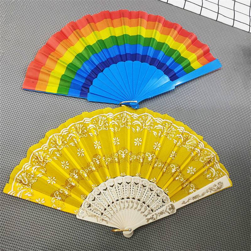 Summer Rainbow Fan Antique Silk Cloth Fan Folding Flower Cloth Fan Drama Chinese Style Gold Silk Color Cloth Folding Fan Gift