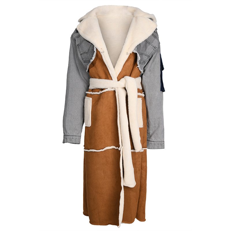Women's Denim Patchwork Coat With Lamb Wool Lining For Winter_voghion.com