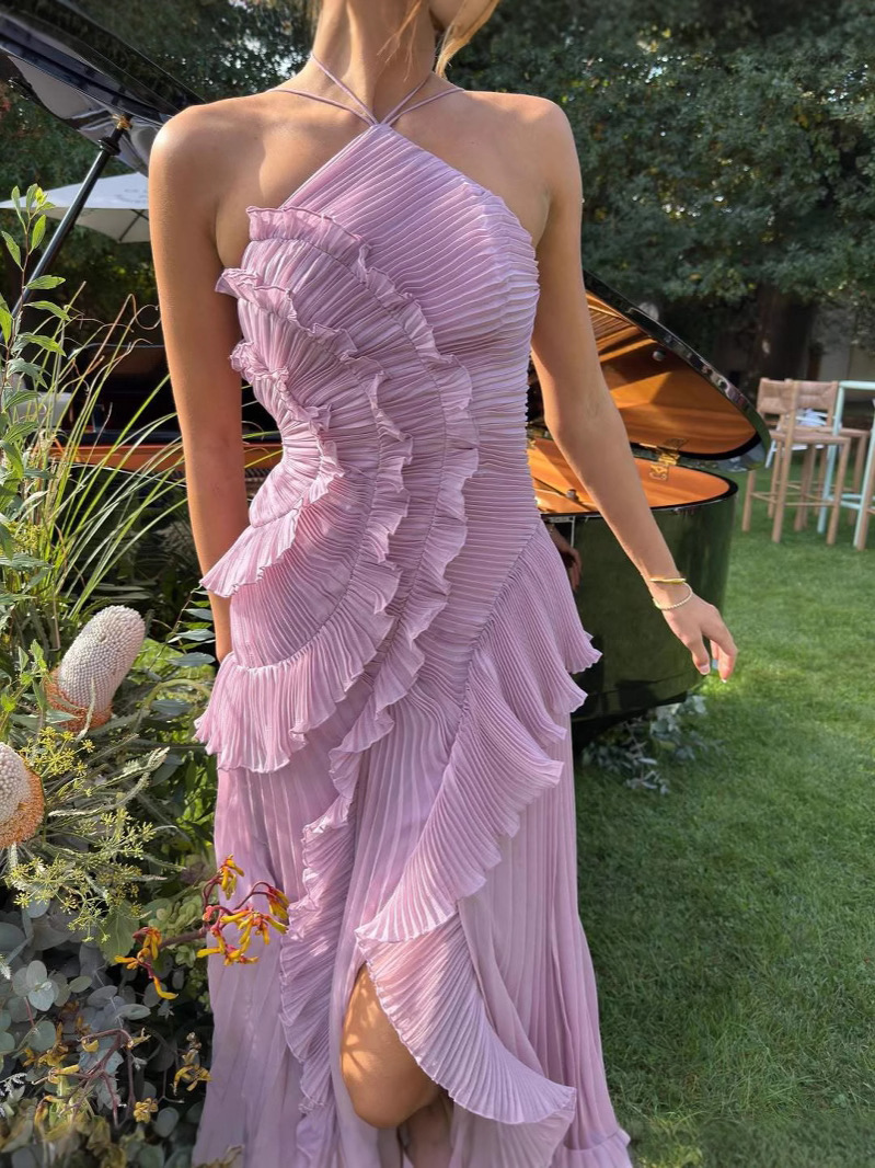 Elegant Chiffon Wrap Neck Maxi Dress With Ruffles & Backless Design For Vacation & Party,Enhances Your Curves While Elongating Your Silhouette._ecoleips.com