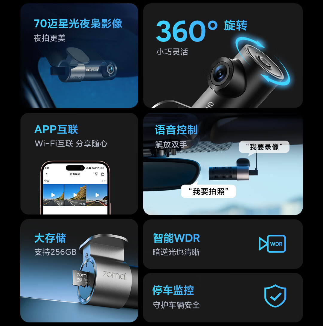 70Mai M310Pro Driving Recorder 4K Ultra-Clear Night Vision F1.55 Large Aperture Front Recording and Internal Recording with 360-Degree Rotation