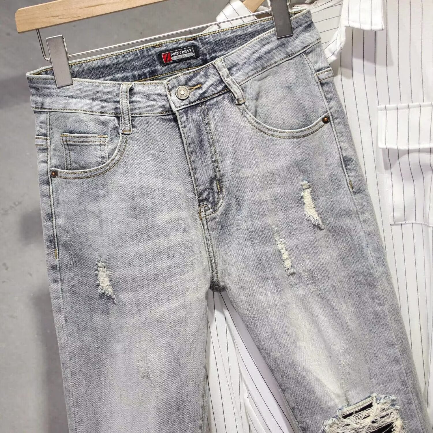 American High Street Ripped Jeans For Men Slim Fit Straight Long Trendy Zipper Cuff Cool Pants Fashion_mkmklike.com