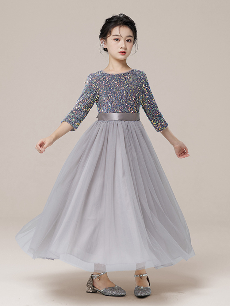 Vestidos para niños, vestidos de princesa de alta gama para niñas, vestidos de interpretación de piano gris, vestidos cortos de manga larga para niños