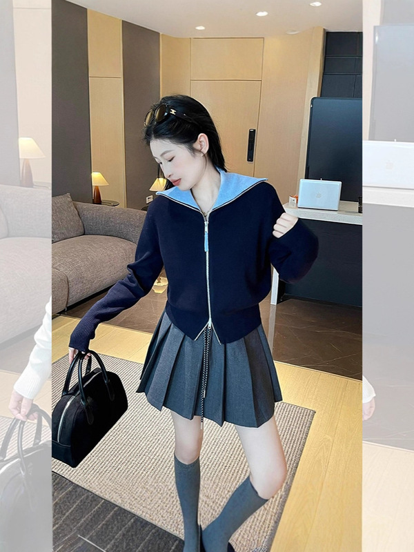 韩系白色海军领拉链针织开衫外套秋季新款女装设计感外穿长袖上衣|undefined