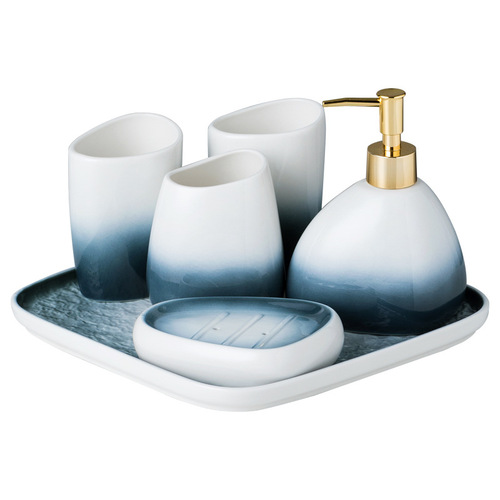 Gradient Gray Ceramic Bathroom Set of Five, Couples Toothbrush and Mouthwash Cup Set, Bathroom Accessories with Tray