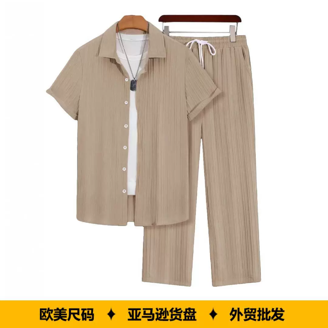 新款跨境亚马逊男士夏威夷休闲商务数码宽松短袖长裤百搭衬衫套装