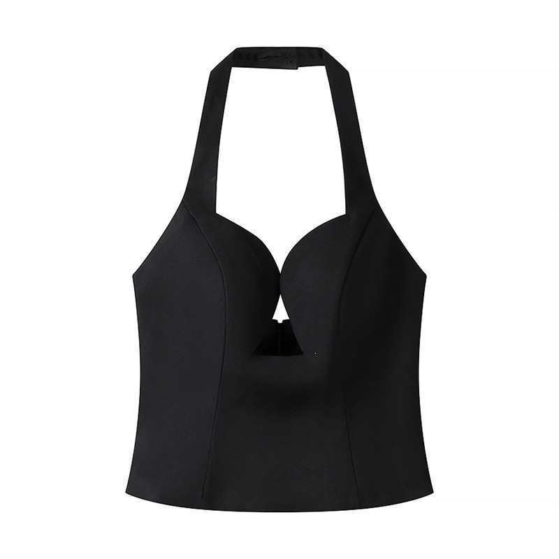 Zipper Short Crop Top Halter Neck Vest Women's Solid Color Waist-Cinching Sexy Cross-Border European and American Style