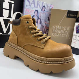 美式厚底工装靴男士牛皮短靴拉风机车增高复古风马丁靴男真皮低帮