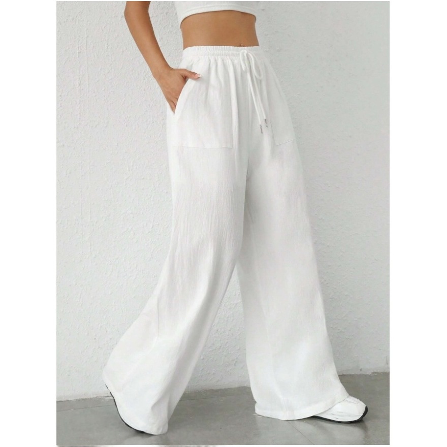 Amazon Cross-Border European and American 2025 New Women's Casual Solid Color Drawstring Straight-Leg Flared Pocket Casual Wide-Leg Pants
