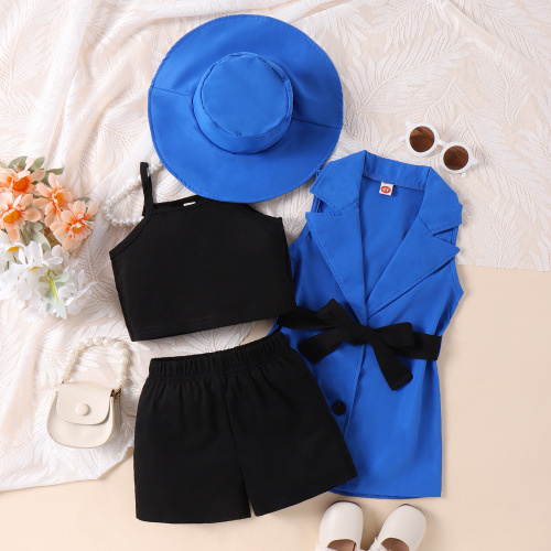 Summer Set for European and American Girls: Toddler Camisole Top + Shorts + Sleeveless Vest + Hat - Four-Piece Set