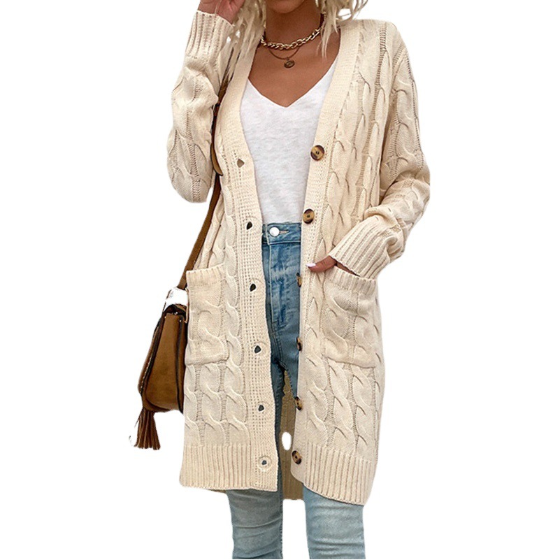 Suéter de punto largo estilo lluvia fina europeo y americano para mujer, otoño/invierno 2025, cárdigan nuevo con botones, ideal para comercio exterior, disponible en Amazon.