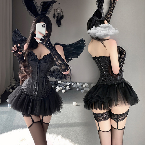 Man Yan sexy lingerie women's dark angel vest uniform sexy tube top fish bone waist set 8713+8709