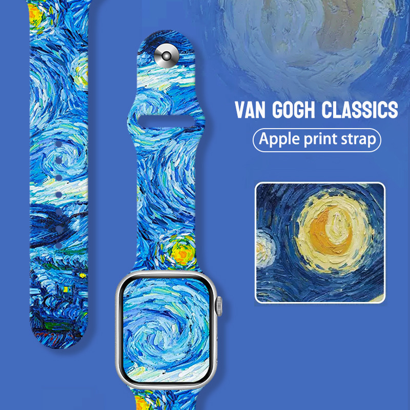 Van Gogh Oil Painting Printed Silicone Strap for Apple Watch Ultra S8 Watch Wristband Waterproof