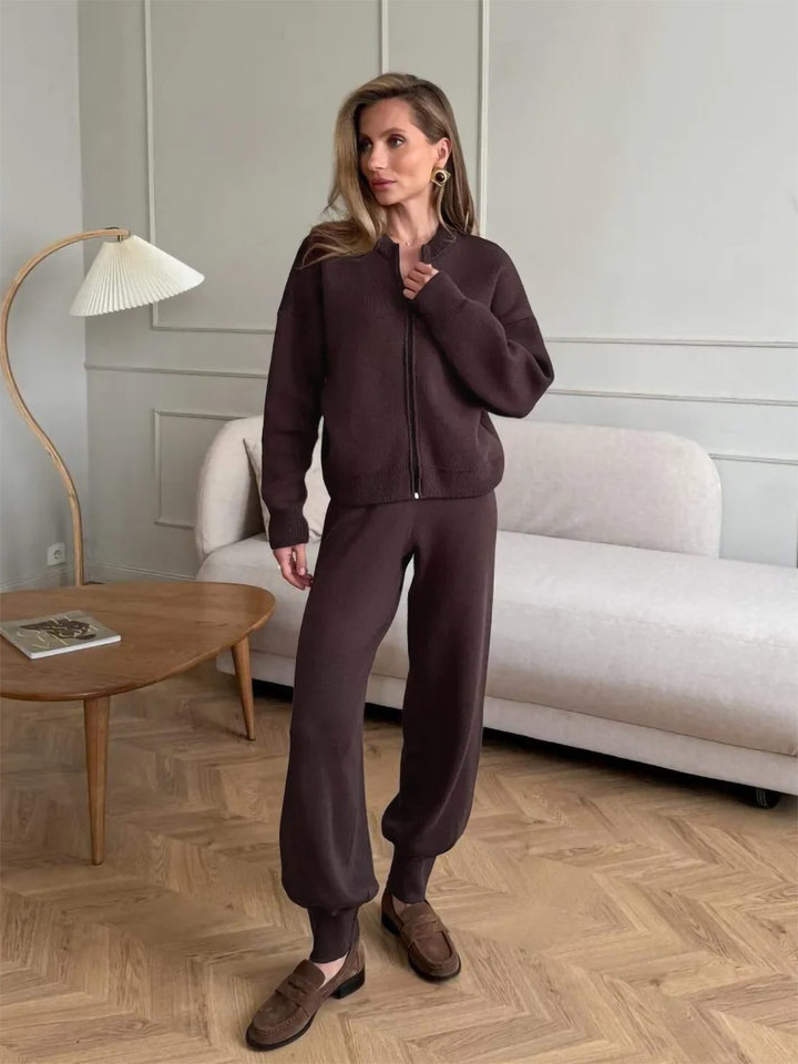 Bộ áo cardigan dệt kim khóa kéo dài tay phối quần ống rộng cho nữ — Màu nâu, Màu trắng, Màu xanh dương