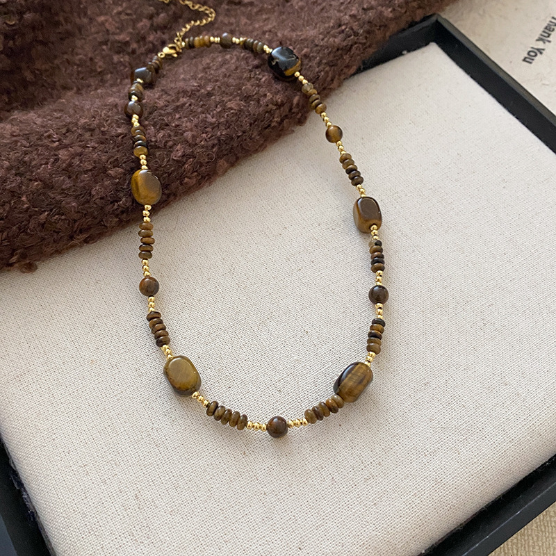 45# necklace-gold-brown tiger eye stone stitching