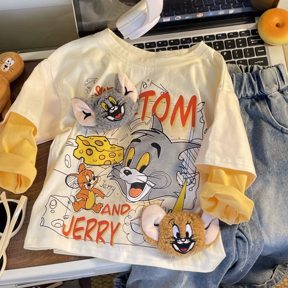 Футболка с длинным рукавом для мальчиков, хлопок, 3D Tom & Jerry, демисезон, бежевый
