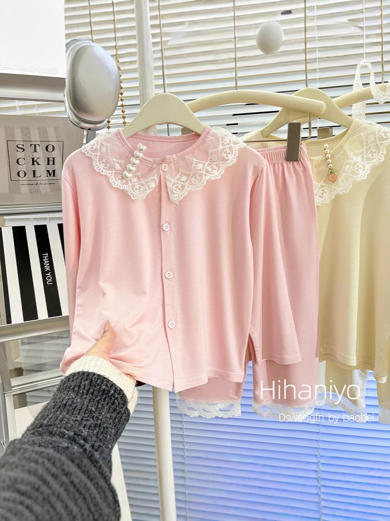Ropa de niños de verano delgada niñas Cardigan set de moda de mangas largas ropa de aire acondicionado para niños grandes ropa de hogar pijamas