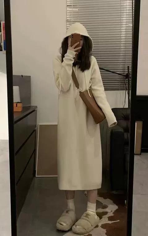 Hooded knitted dress slimming autumn and winter long lazy style loose inner cream color thickened sweater dress