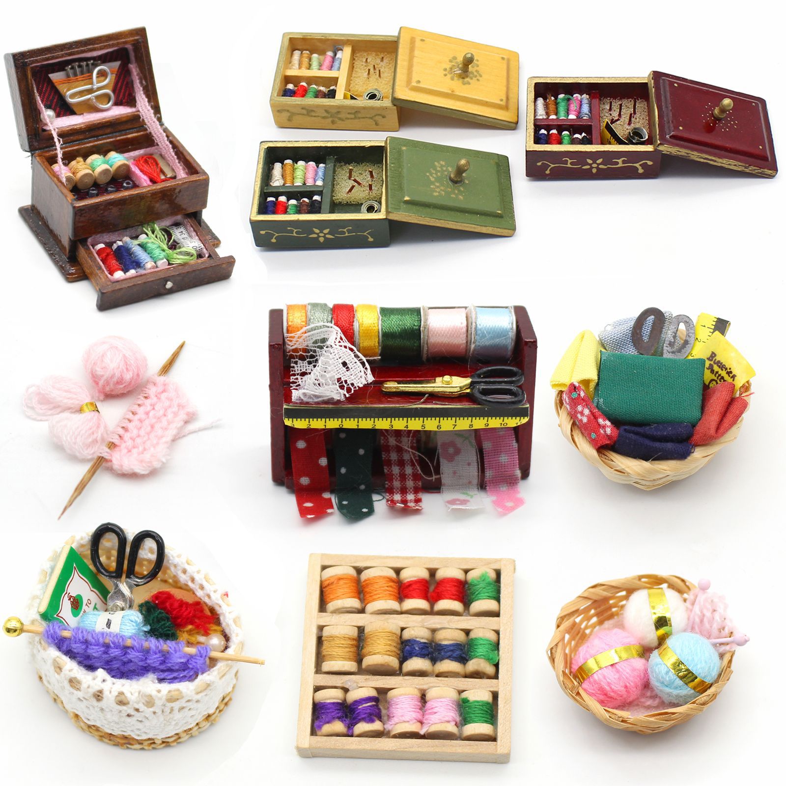 dollhouse微缩拍照场景迷你黏土手工配件缝纫毛线布蓝针线盒布色