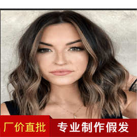 亚马逊新款偏分齐肩卷发女大波浪渐变棕色跨境欧美玫瑰网假发外贸