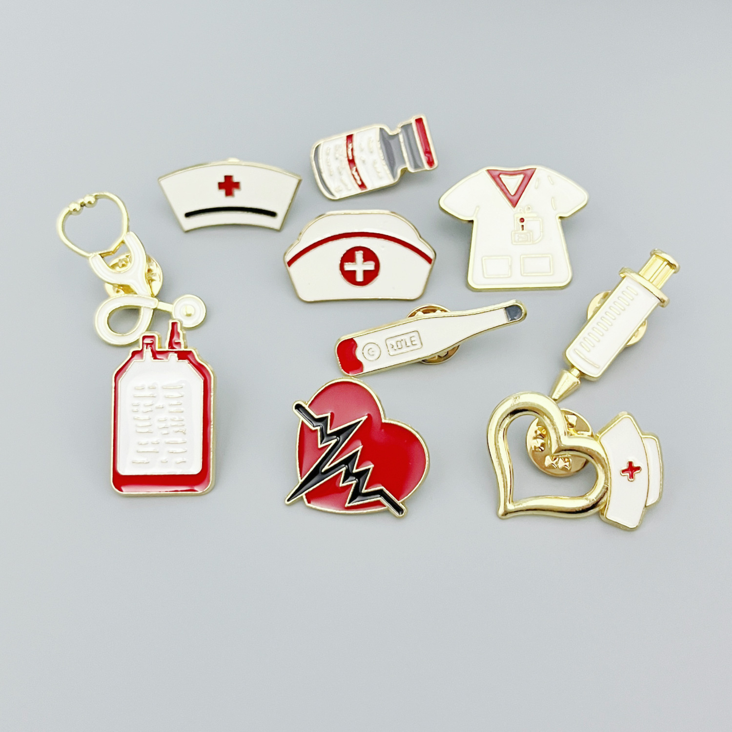 Cross-Border European and American Zinc Alloy Oil Drop Brooch Nurse Cap Nurse Medicine Bottle Thermometer Syringe Clothing Pendant DIY Brooch
