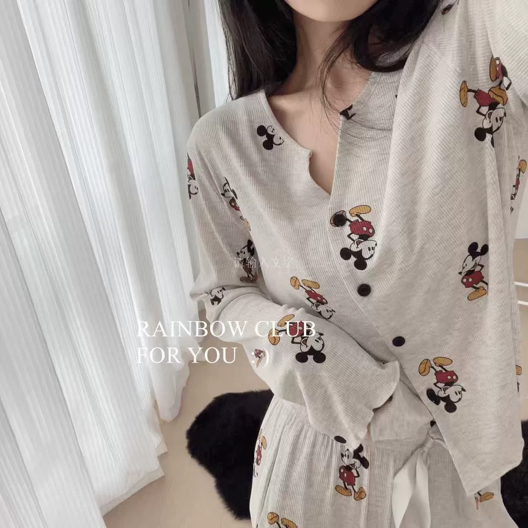 Милые пижамы с мультяшным принтом для женщин, весна-осень, длинный рукав, 2025, новый большой размер, V-образный вырез, можно носить вне дома, комплект домашней одежды