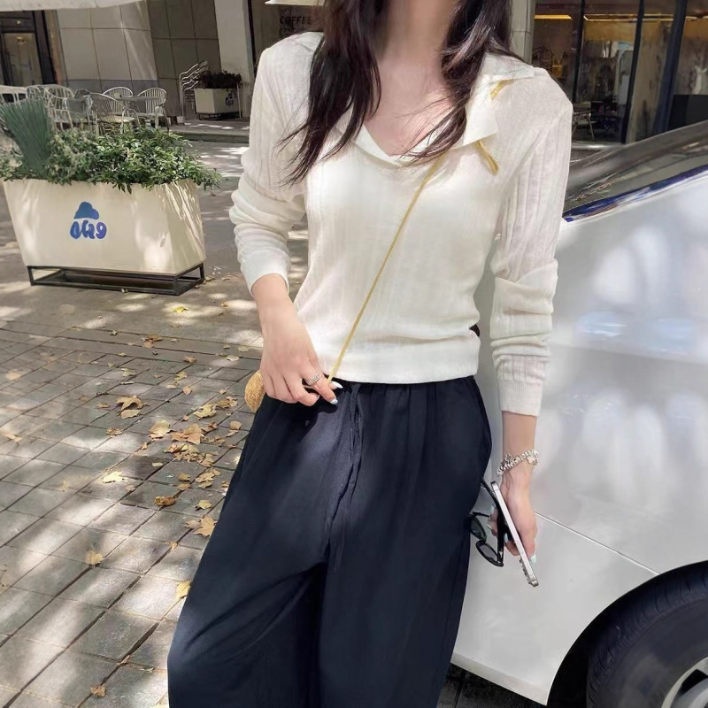 复古翻领长袖针织衫女秋季薄款修身显瘦Polo衫别致气质套头上衣潮|undefined