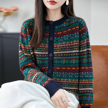 2025秋冬款V领针织开衫女时尚百搭撞色慵懒风打底衫毛衣 厂家直销