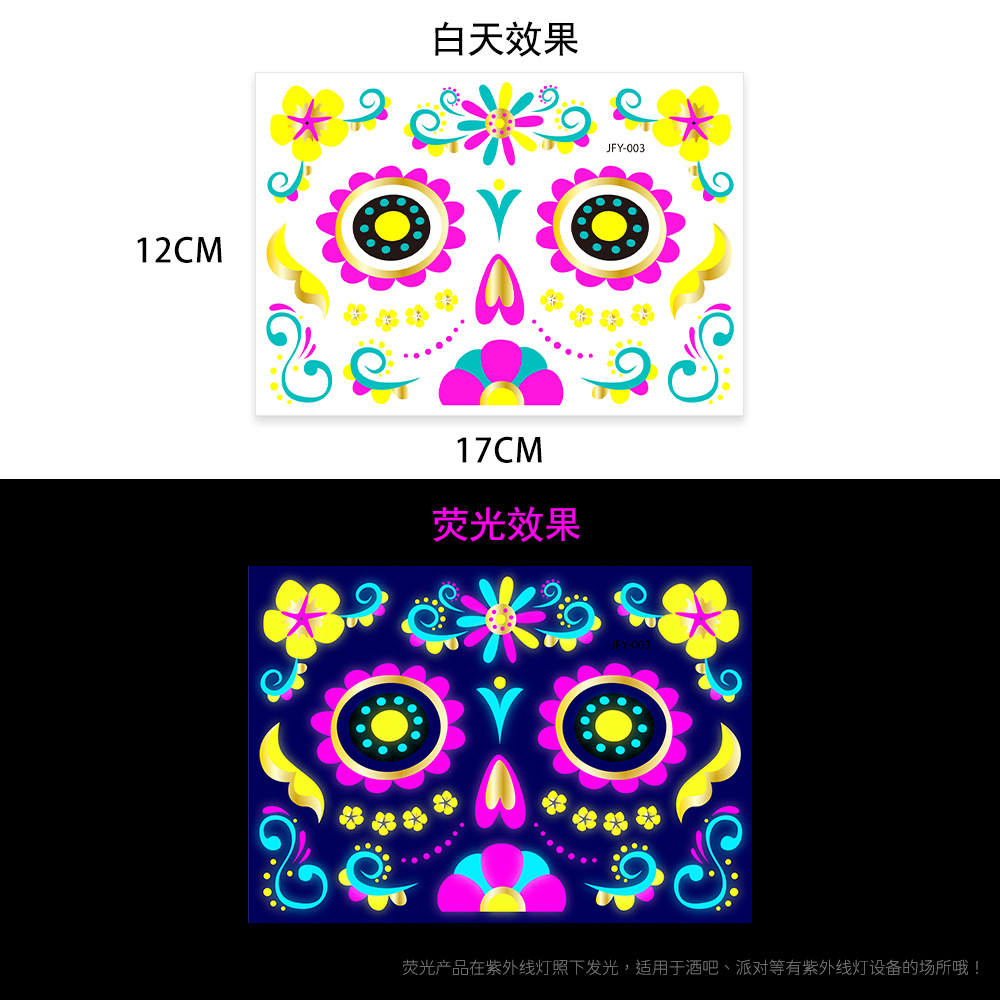 Tatuajes Temporales Metalizados para Cara de Papel de Transferencia de Agua, Fluorescente para Fiesta de Halloween