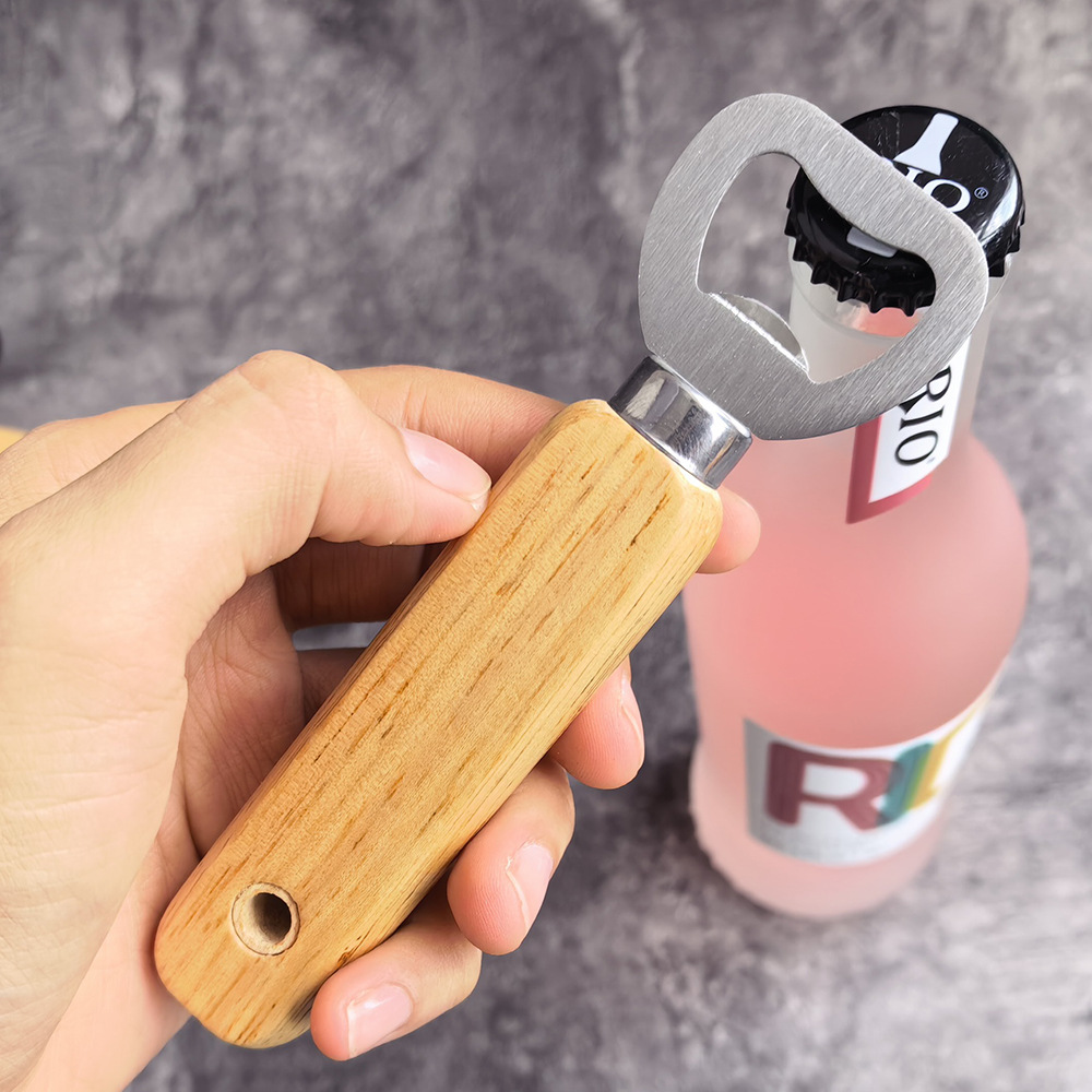 Acero inoxidable transfronterizo mango de madera cerveza abrebotellas casera abrebotellas portátil de madera maciza herramientas de cocina creativas