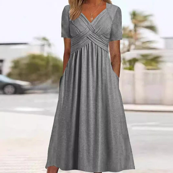 2024 autumn new Amazon cross-border Europe and the United States solid color V collar short sleeve personalized dress women's clothing