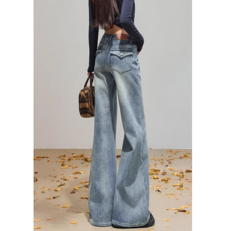 Nostalgic Blue Washed Micro-Flared Jeans for Women 2026 New Spring High-Waisted Loose Drapey Pants