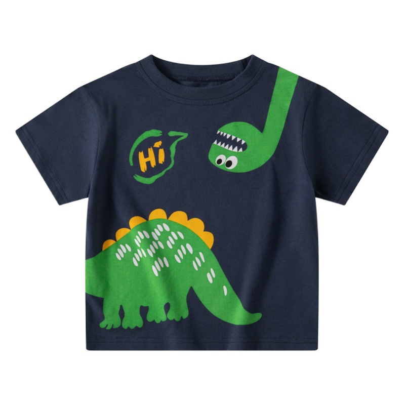 Ropa para niños transfronterizos Camiseta de manga corta para niños de verano Camiseta de bebé para hombres Suéter de cuello redondo de dinosaurio de dibujos animados