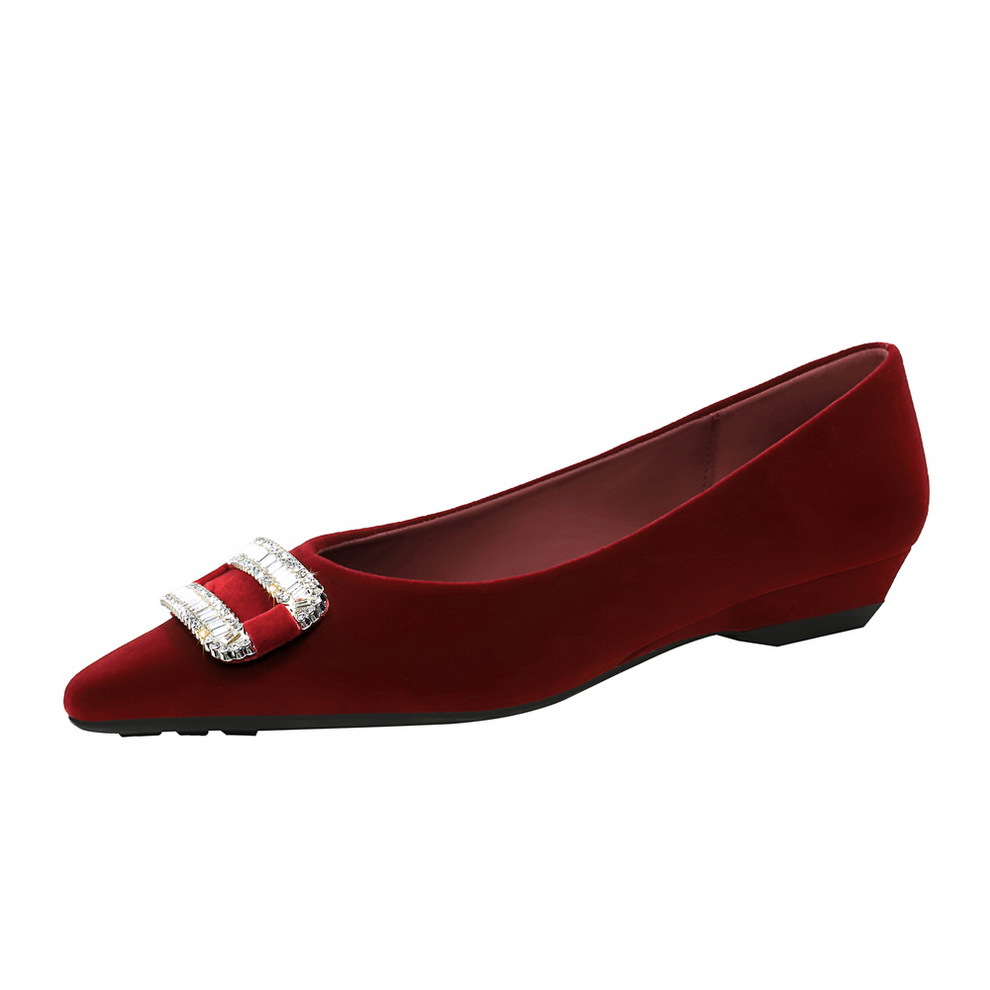 3685-K76 French-style Elegant Rhinestone Buckle High-end Plush Pointed Toe Shallow-cut Stylish Wedge Heel Women's Shoes_vogvips.com
