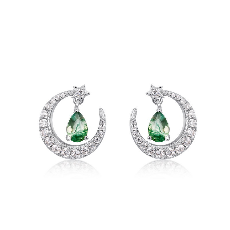 Pendientes de piedra de musgo verde natural de luna de personalidad de minería caliente transfronteriza Mujer S925 Pendientes de ágata de agua de diamantes llenos de plata Moda