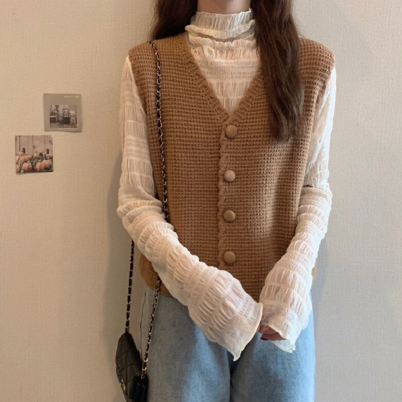 迷人纯色针织背心女 初秋新款无袖v领外搭坎肩韩版纯色毛衣马甲潮