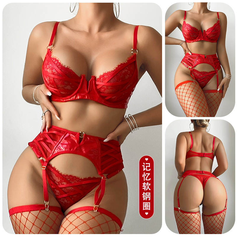 Memory Steel Ring Lingerie Three-Piece Set Bra Waist Cincher Garter Belt Panties Red Sexy Lingerie 8069 Memory Steel Ring Lingerie Three-Piece Set Bra Waist Cincher Garter Belt Panties Red Sexy Lingerie 8069