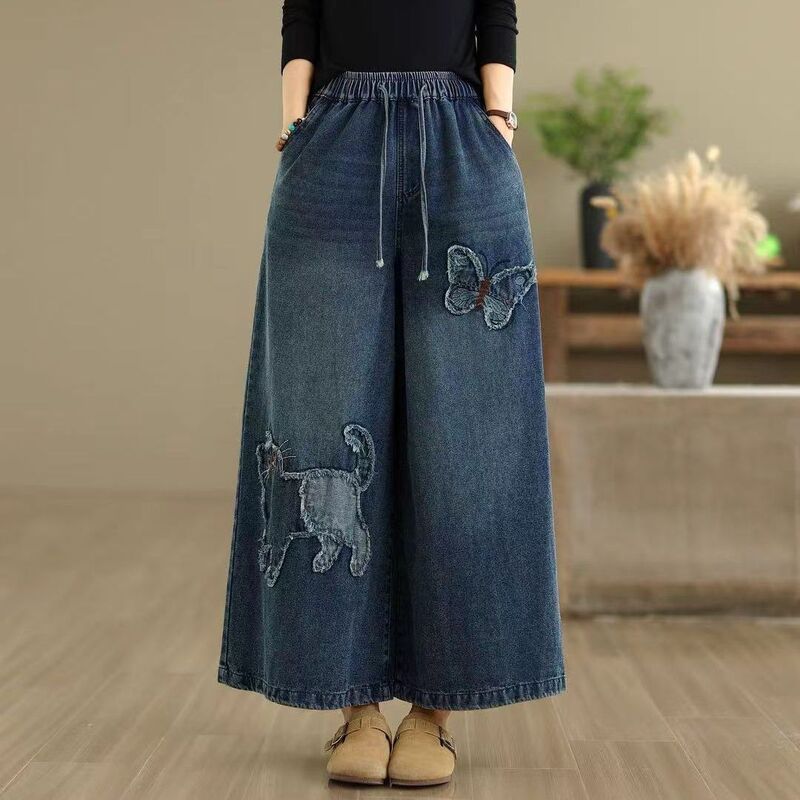 2026 Spring and Autumn New Embroidered Denim Wide-Leg Pants for Women, Artistic Ethnic Style, Elastic Waist, Vintage Slimming Straight-Leg Pants