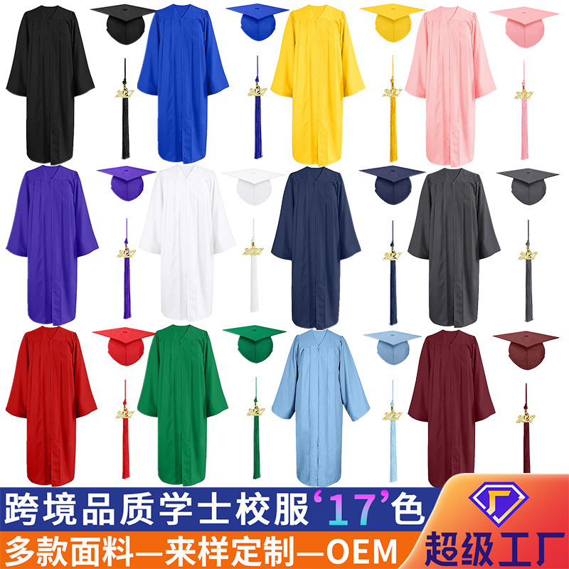 2027哑光学士服欧式长款毕业服大学荣誉学位服衣帽套装毕业袍