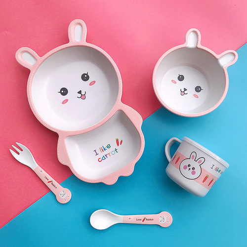 New children's tableware set household cute cartoon bamboo fiber baby compartmentalized plate small child meal bowl spoon and fork