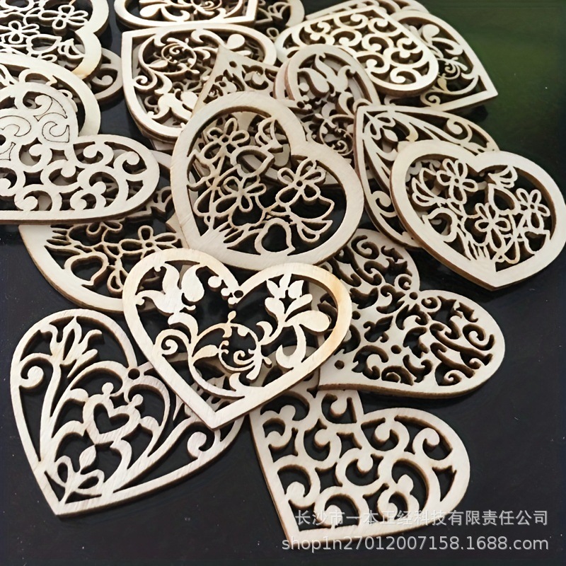 Wooden Crafts Cut Out Carving Valentine's Day Flowers Heart Wood Chip Hangings DIY Jewelry Accessories Home Decoration