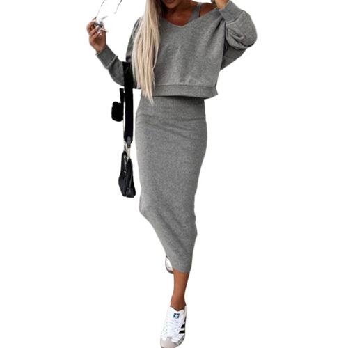  Winter New European and American Sleeveless Dress Hooded Sweatshirt Short Top Set Women Amazon Two-Piece 