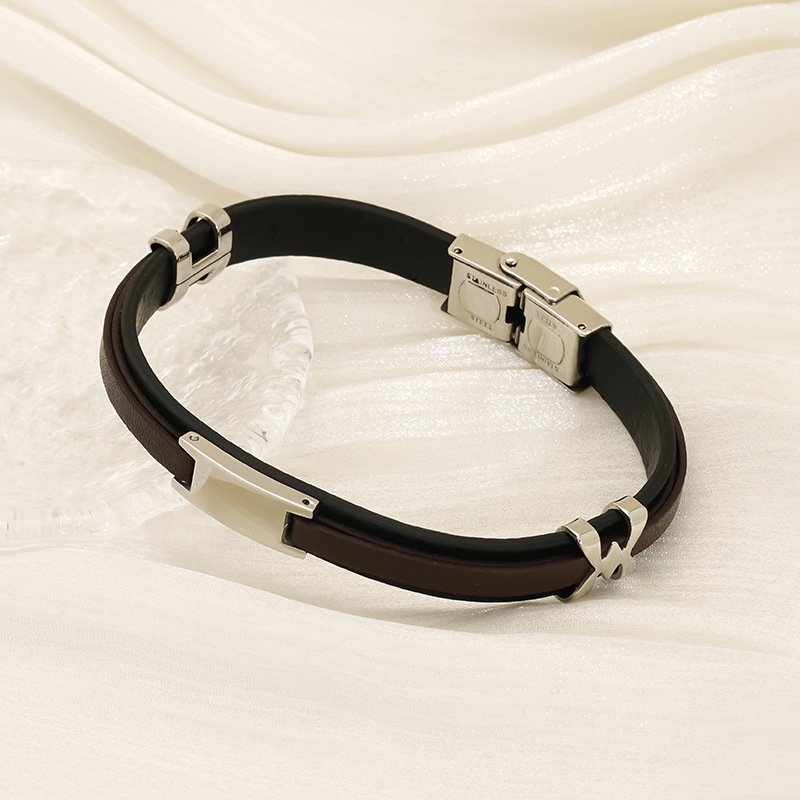 Mujeres y mujeres europeos y estadounidenses pulsera de acero inoxidable de estilo de estilo de cuero de anillo de moda tendencia de personalidad simple color combinado pulsera de acero de titanio doble capa