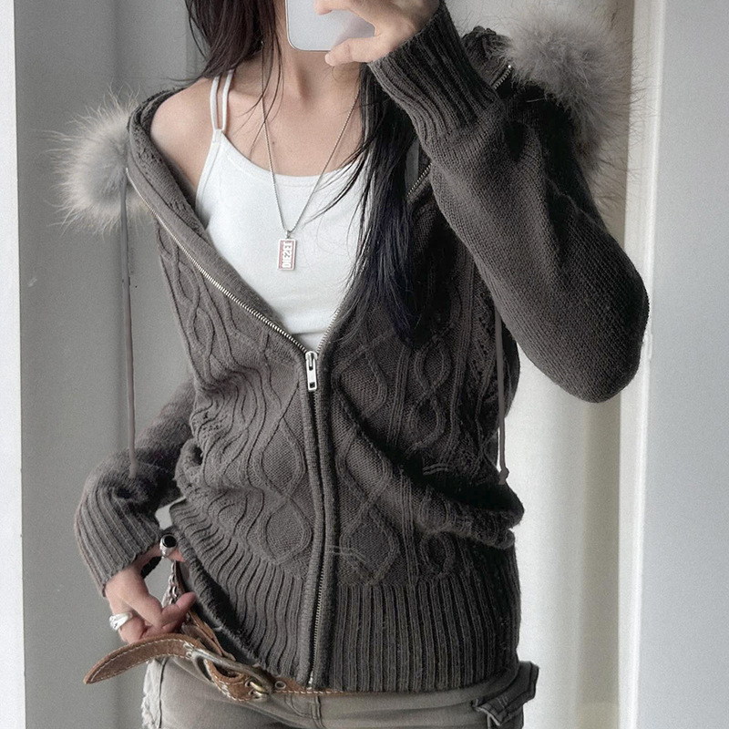 美式复古麻花毛毛拼接连帽拉链毛衣开衫辣妹修身显瘦百搭休闲外套|undefined