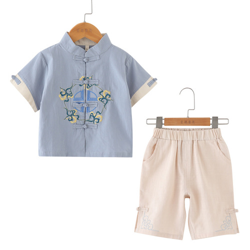 Chinese ethnic style children's cotton linen set, Hanfu baby Chinese-style Tang suit for boys, summer clothing for children, Confucianism dress for first birthday celebration.