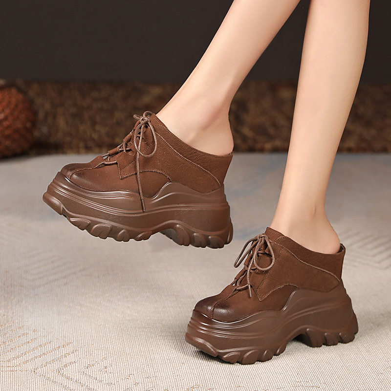 Dép lê nữ đế xuồng cao gót 12 cm da thật thoáng khí — Màu nâu