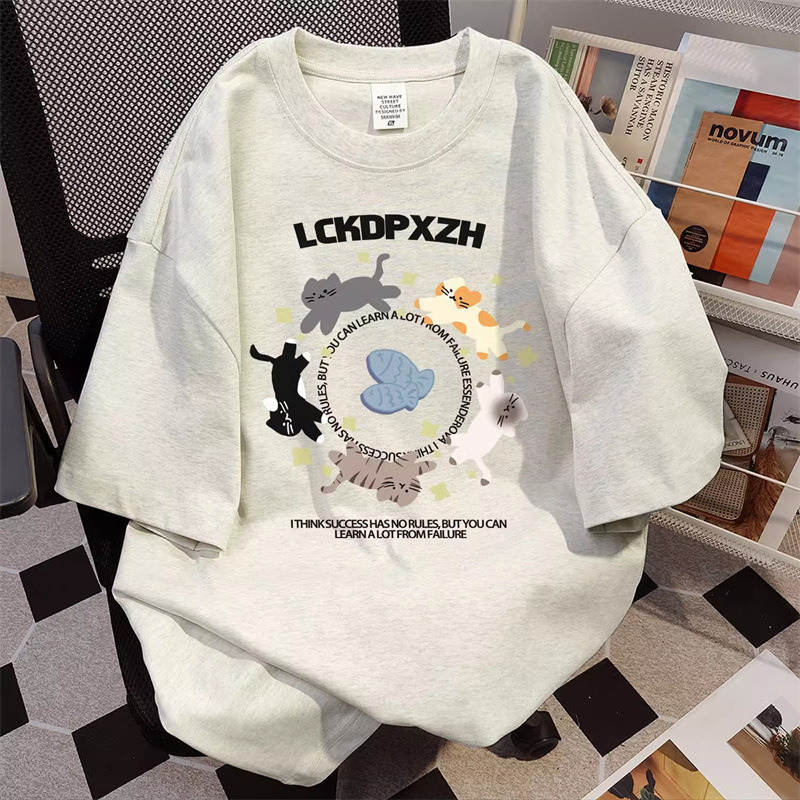 Pure Cotton American Style Cartoon Circle Kitten Printed Short-sleeved T-shirt Men's Summer New Loose White Grey Heavy Top Pure Cotton American Style Cartoon Circle Kitten Printed Short-sleeved T-shirt Men's Summer New Loose White Grey Heavy Top
