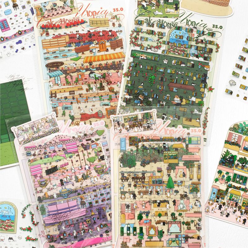 Xiaohuayuan 35.0 Meow Utopia Scenery Stickers Cute Cat Town Scene PET Journal Collage Material Xiaohuayuan 35.0 Meow Utopia Scenery Stickers Cute Cat Town Scene PET Journal Collage Material